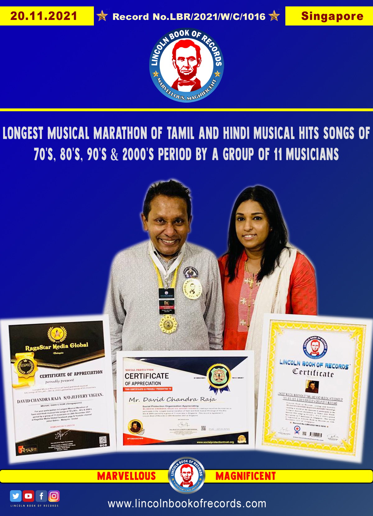 Longest Musical Marathon of Tamil and Hindi musical hits songs of  70's, 80's, 90's  & 2000’s period by a group of 11 musicians