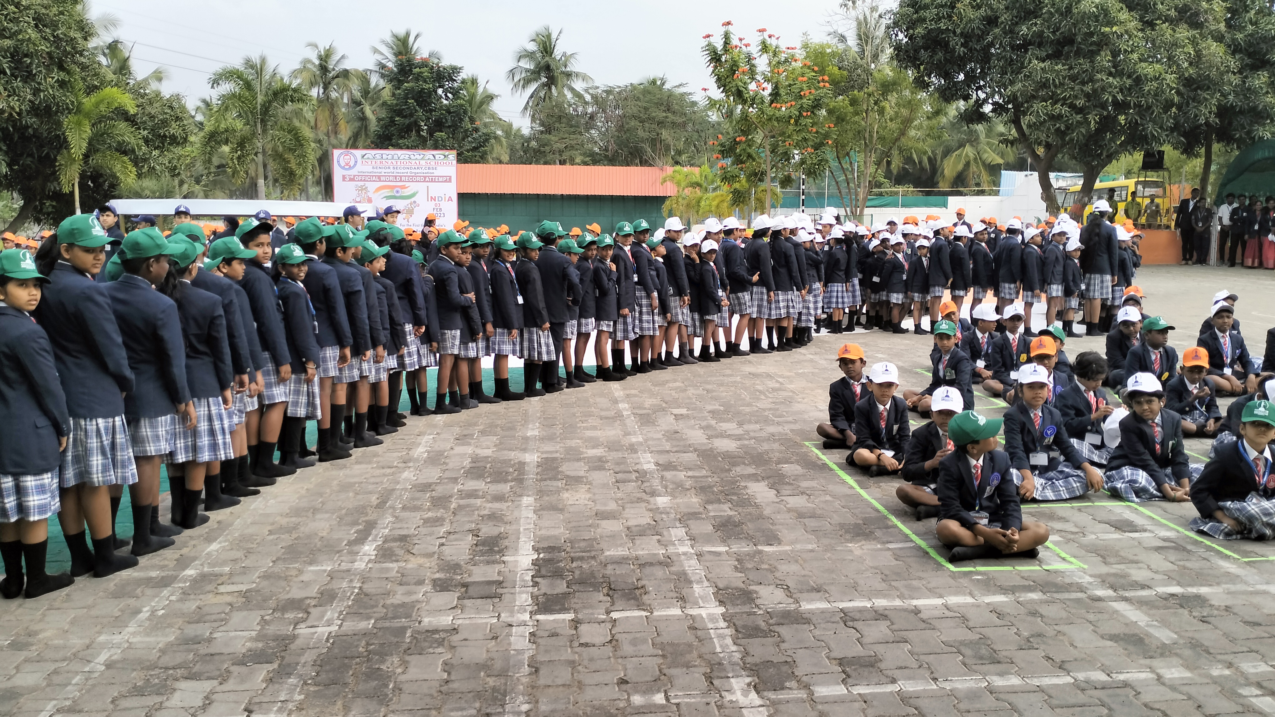 "For the First Time on India's 74th Republic day Ashirwad's International School  students reciting 465 articles of Indian constitution in many Indian Languages  and standing in the human portrait of Indian map"