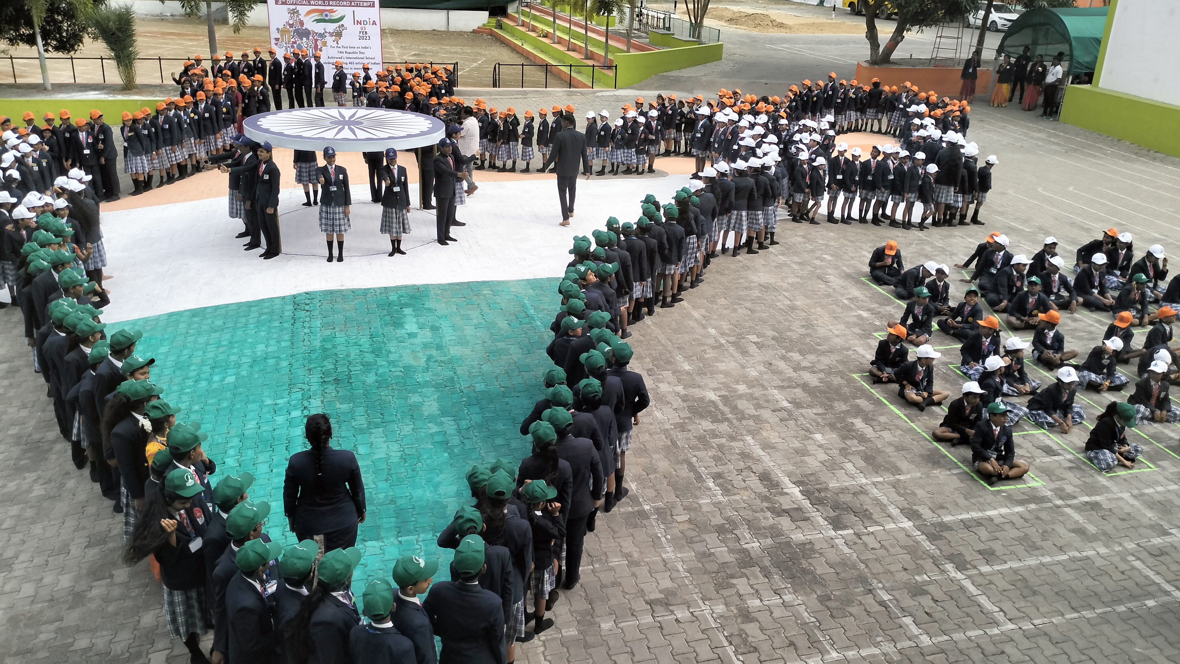 "For the First Time on India's 74th Republic day Ashirwad's International School  students reciting 465 articles of Indian constitution in many Indian Languages  and standing in the human portrait of Indian map"