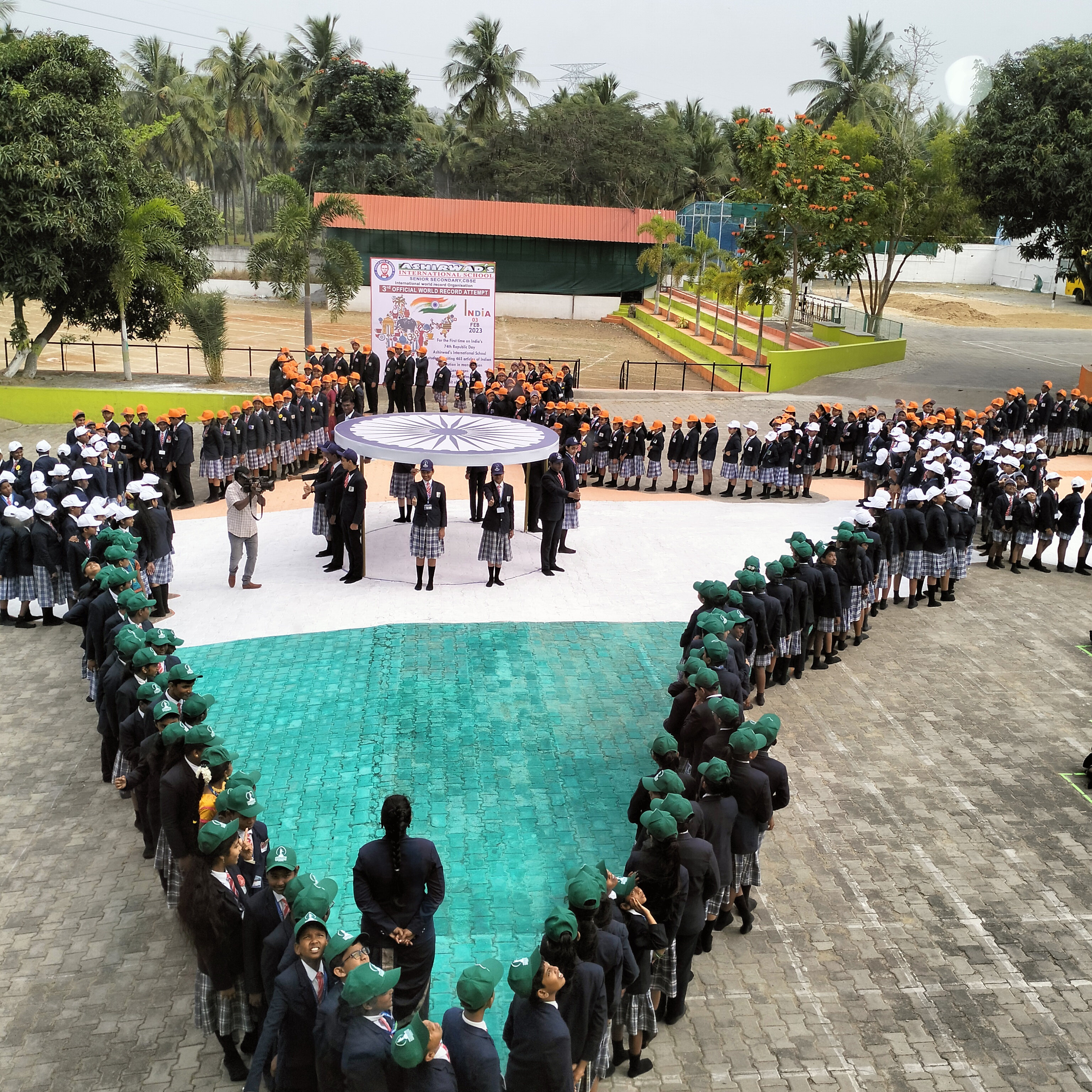 "For the First Time on India's 74th Republic day Ashirwad's International School  students reciting 465 articles of Indian constitution in many Indian Languages  and standing in the human portrait of Indian map"