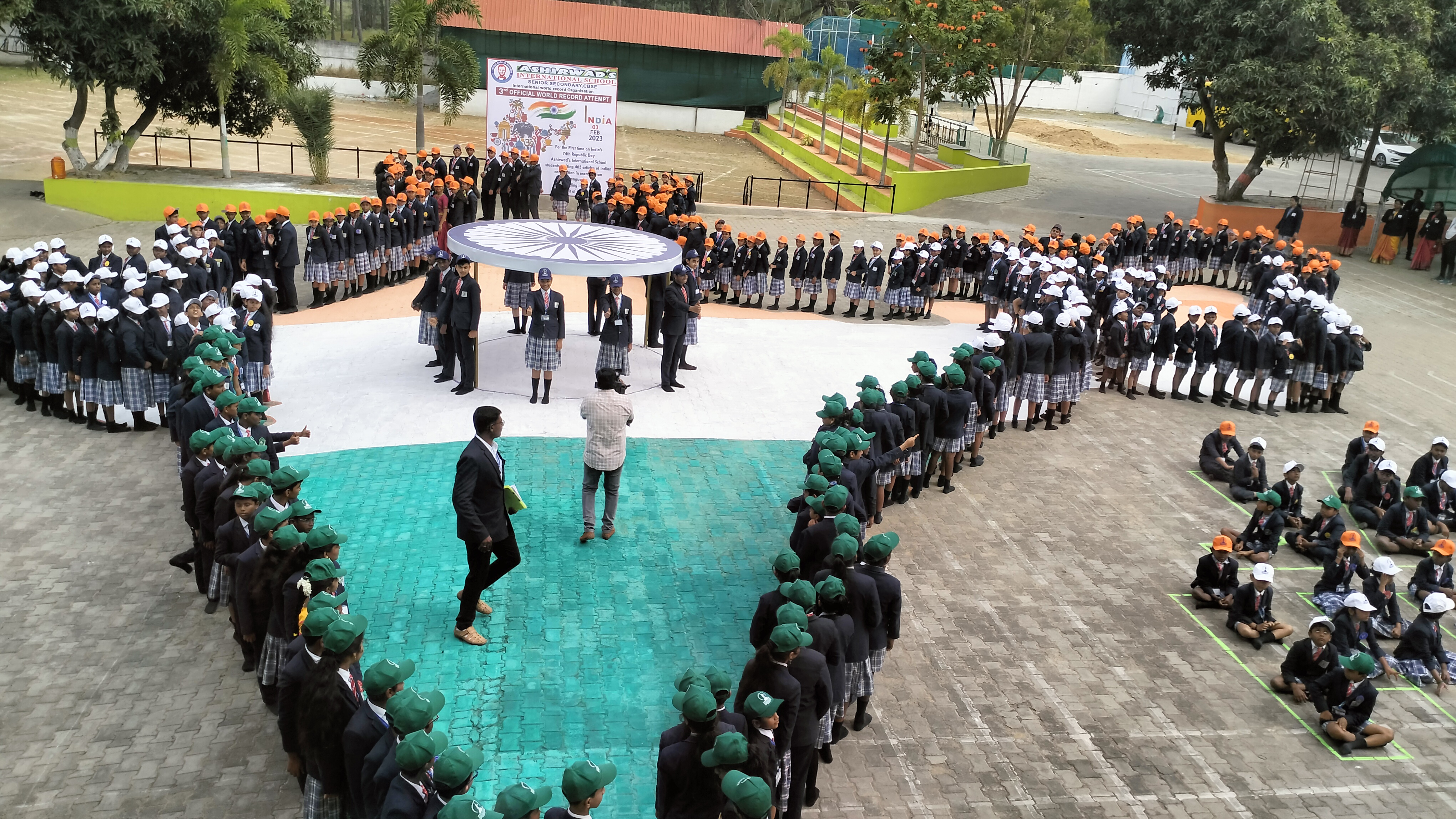 "For the First Time on India's 74th Republic day Ashirwad's International School  students reciting 465 articles of Indian constitution in many Indian Languages  and standing in the human portrait of Indian map"