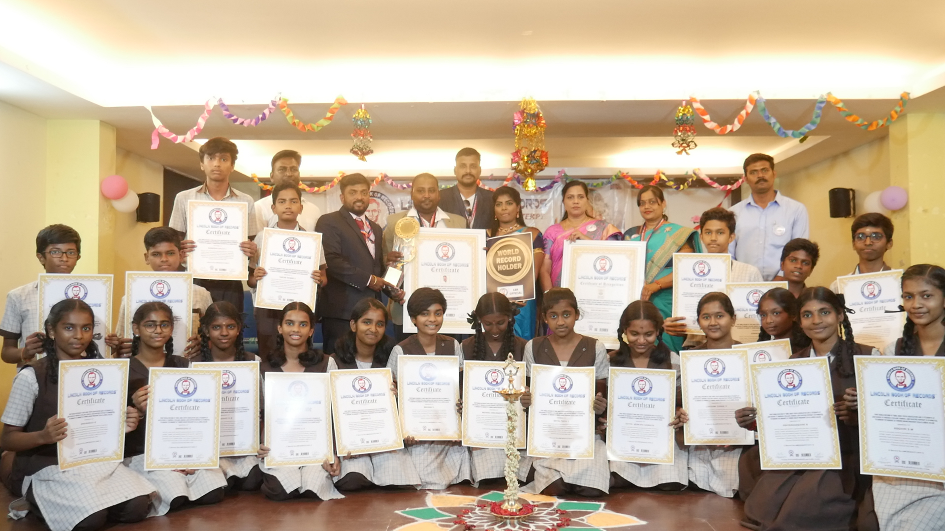 First world record by Tamil Nadu Youth Association and 20 students of  AGM School by making a collage, rangoli, and painting portrait in 60 minutes,  to honoUr the memory of Former Indian president dr.A.P.J.Abdul Kalam.