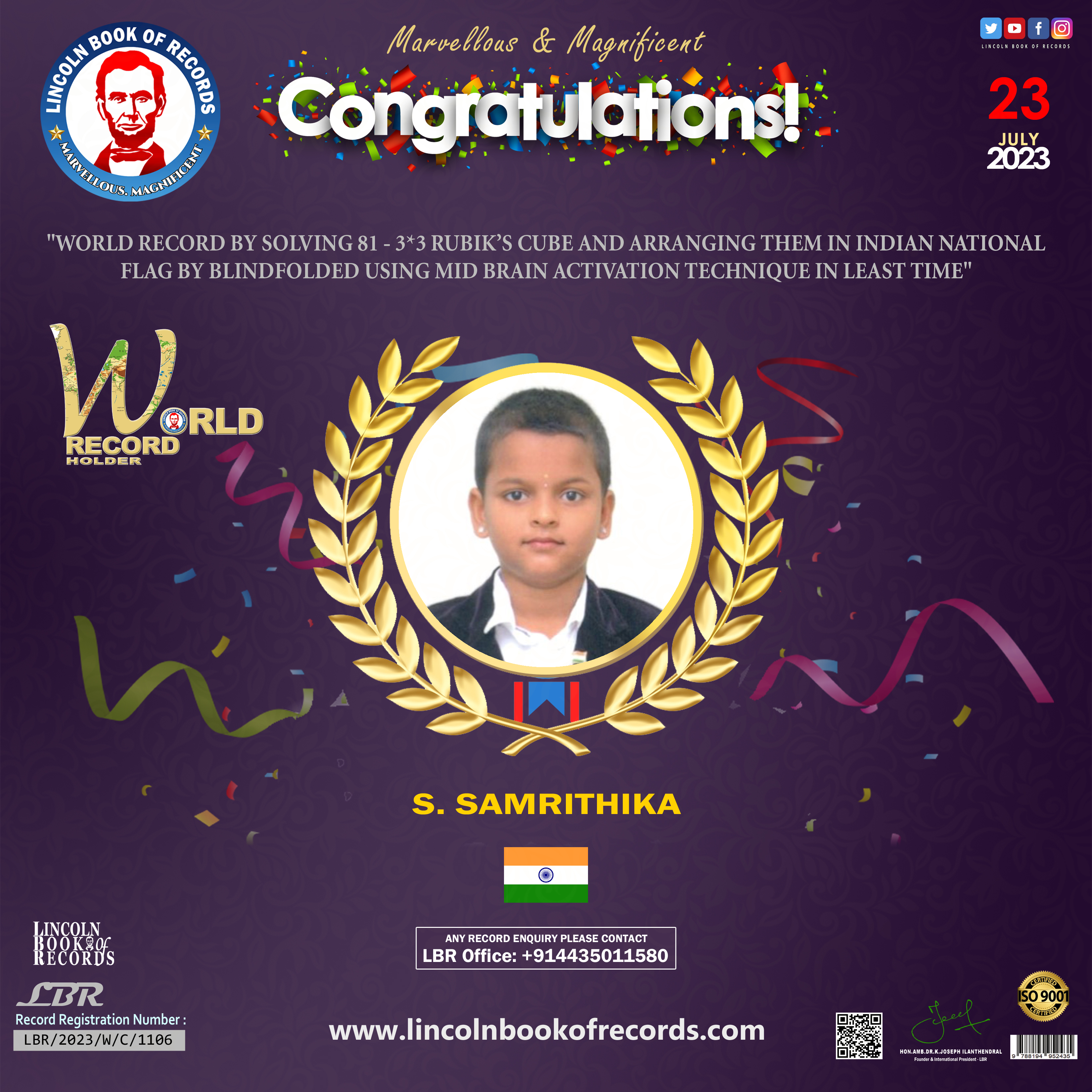 "World record by solving 81 - 3*3 Rubik’s cube and arranging them in Indian National  flag by blindfolded using Mid Brain Activation Technique in least time"