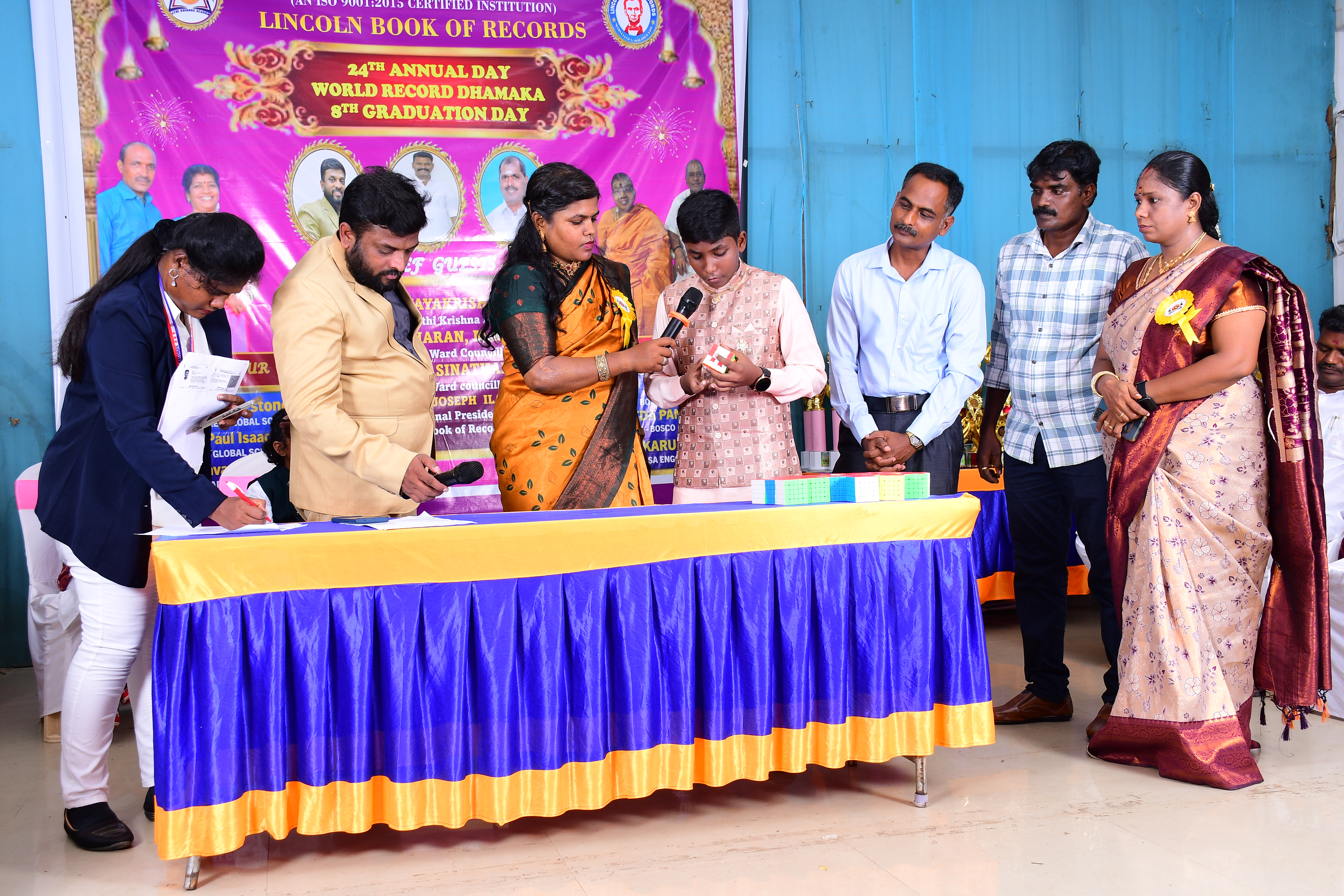 World youngest kid to solve English Alphabets in 26 number of 5*5 Rubik's Cube while reciting Shakespeare's English sonnets simultaneously in 6 minutes of time.