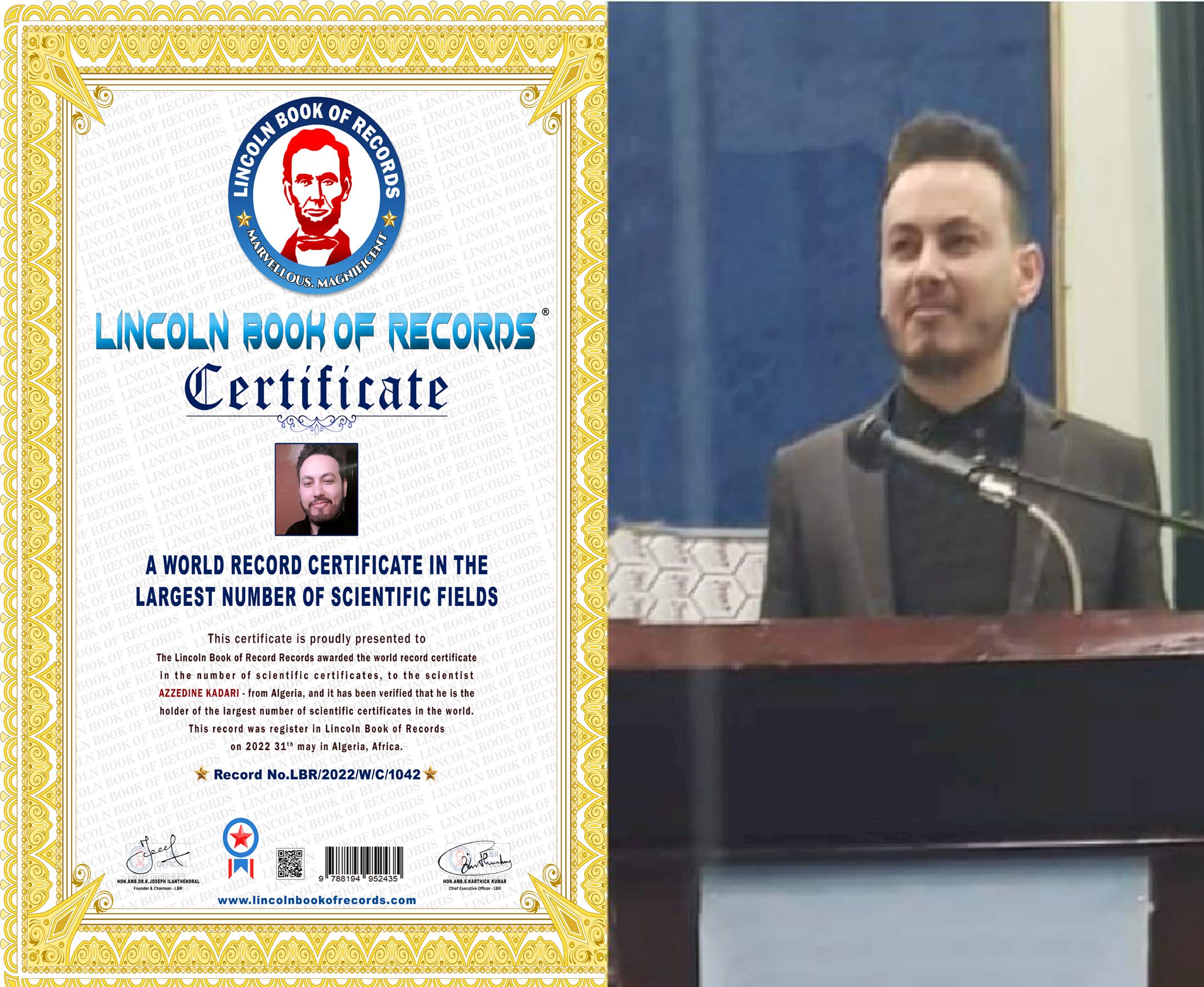 A world record certificate in the  largest number of scientific fields